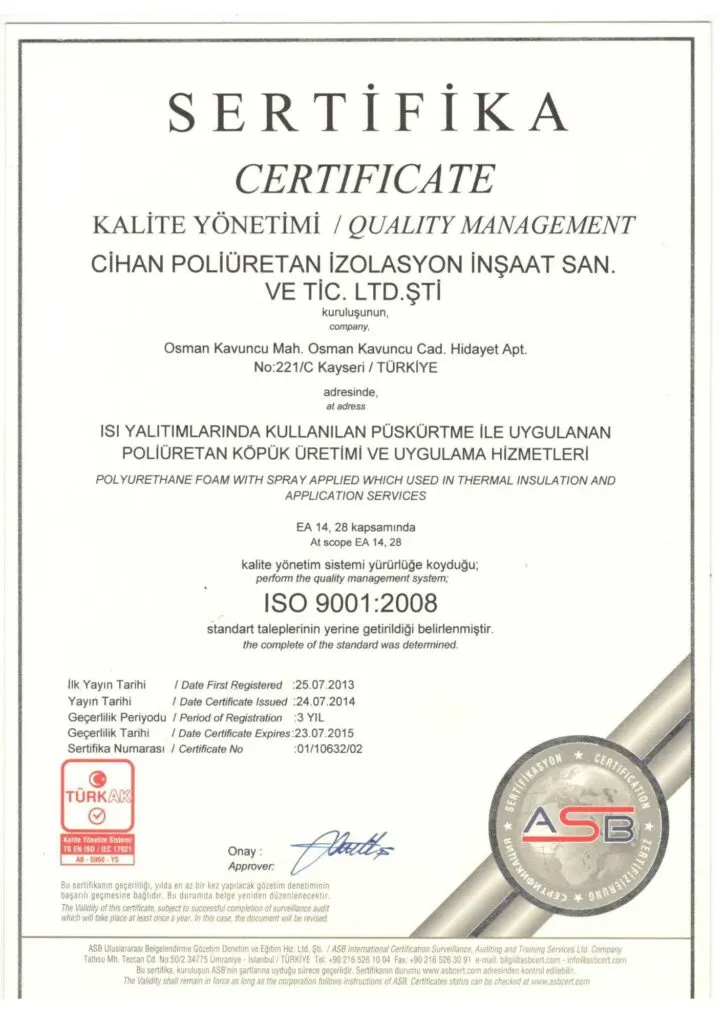 ISO 9001-2008 Kalite Yönetim Sistemi — belge görseli