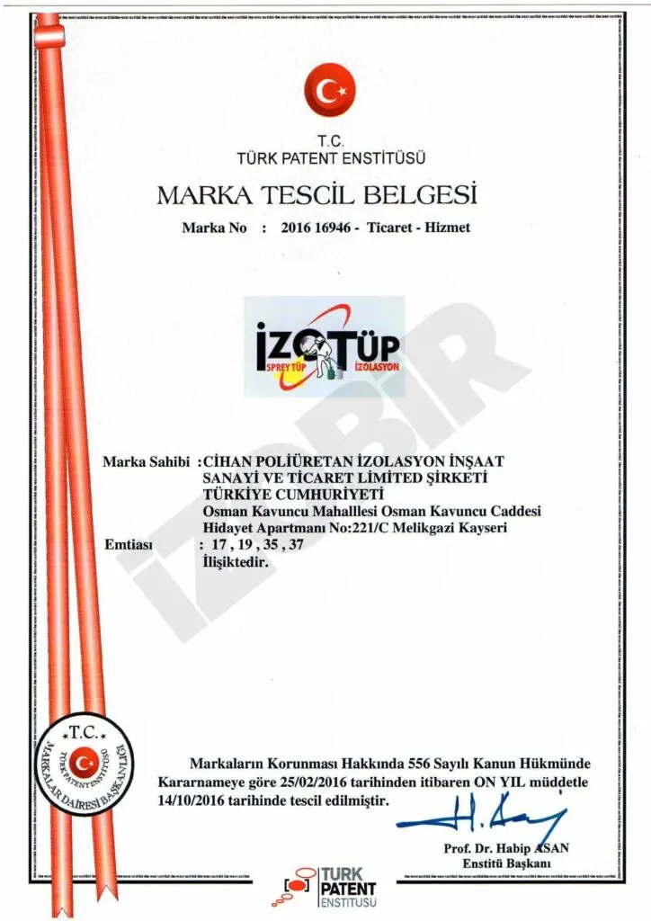 İZOTUP Marka Tescil Belgesi — belge görseli