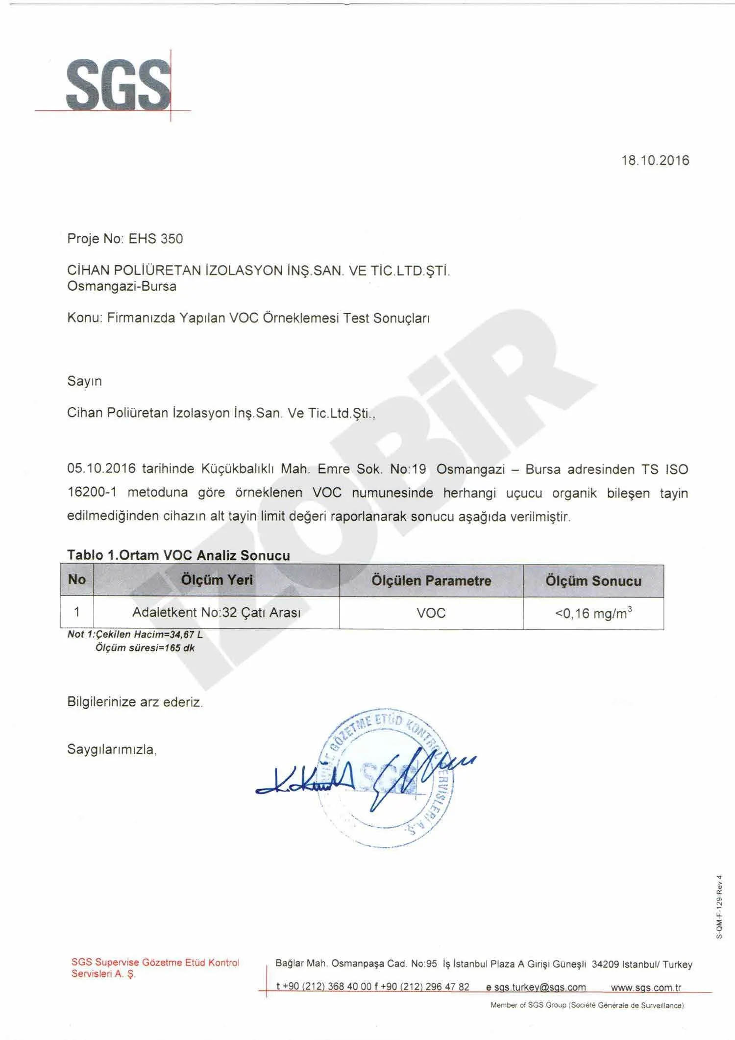 Poliüretan VOC Test Sonuçları — belge görseli