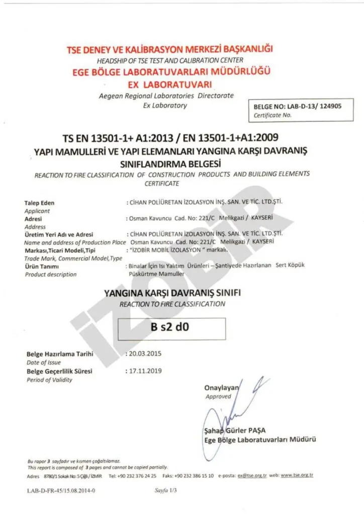 Yanmazlık Belgesi — belge görseli