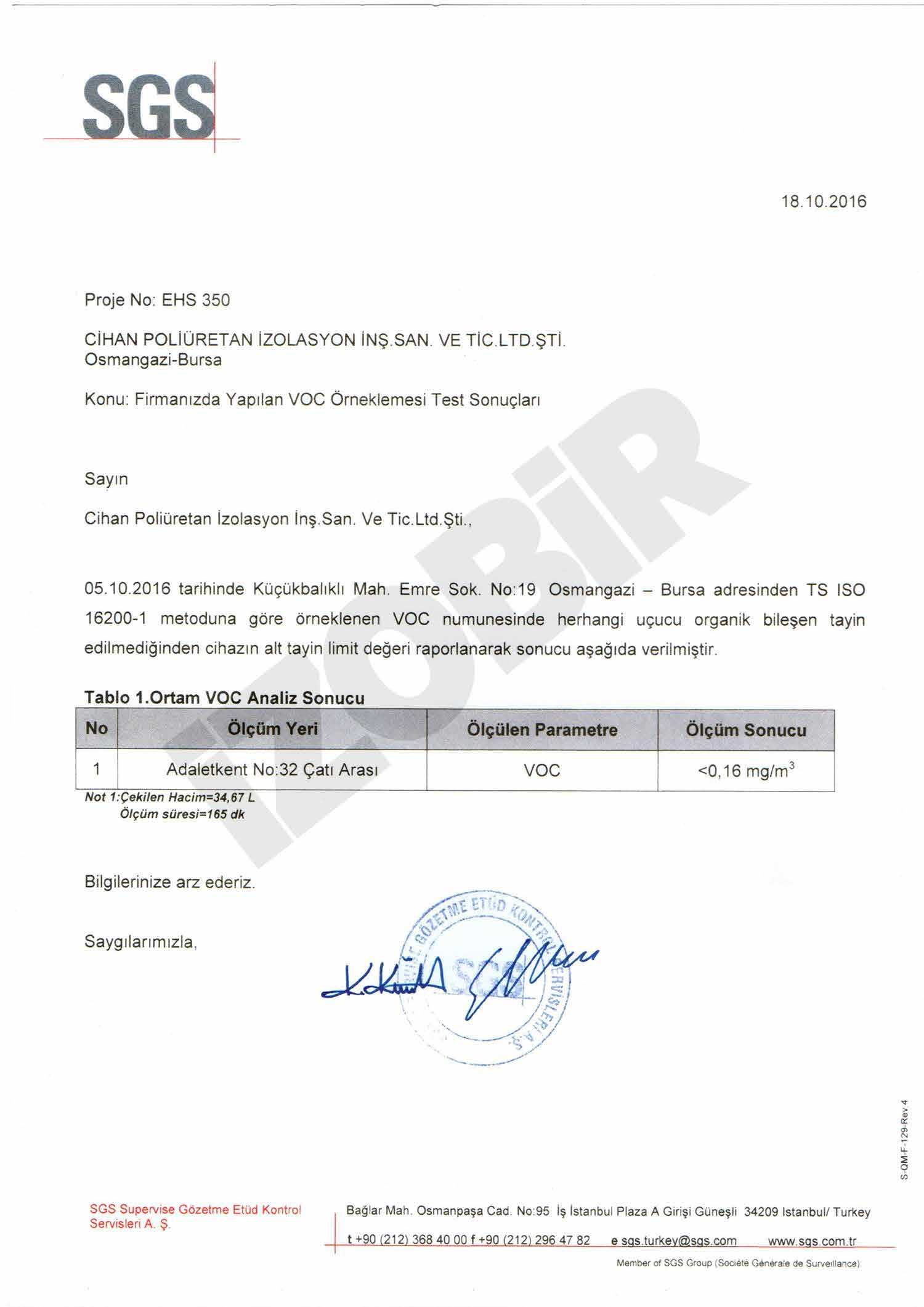 Poliüretan VOC Test Sonuçları — belge görseli